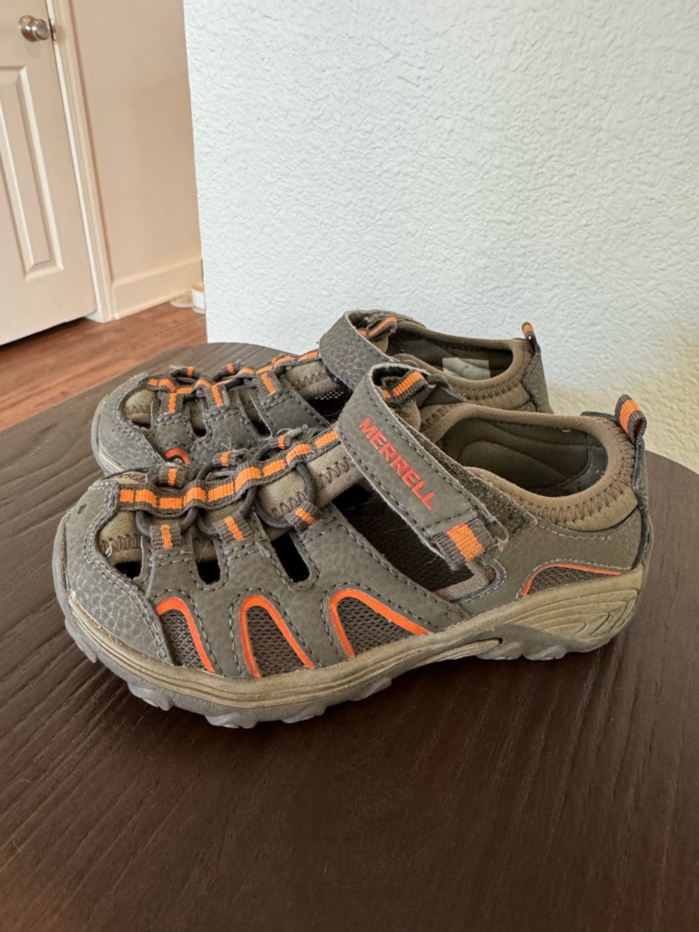 Merrell Kids Olive Gray Sandals with Orange Trim